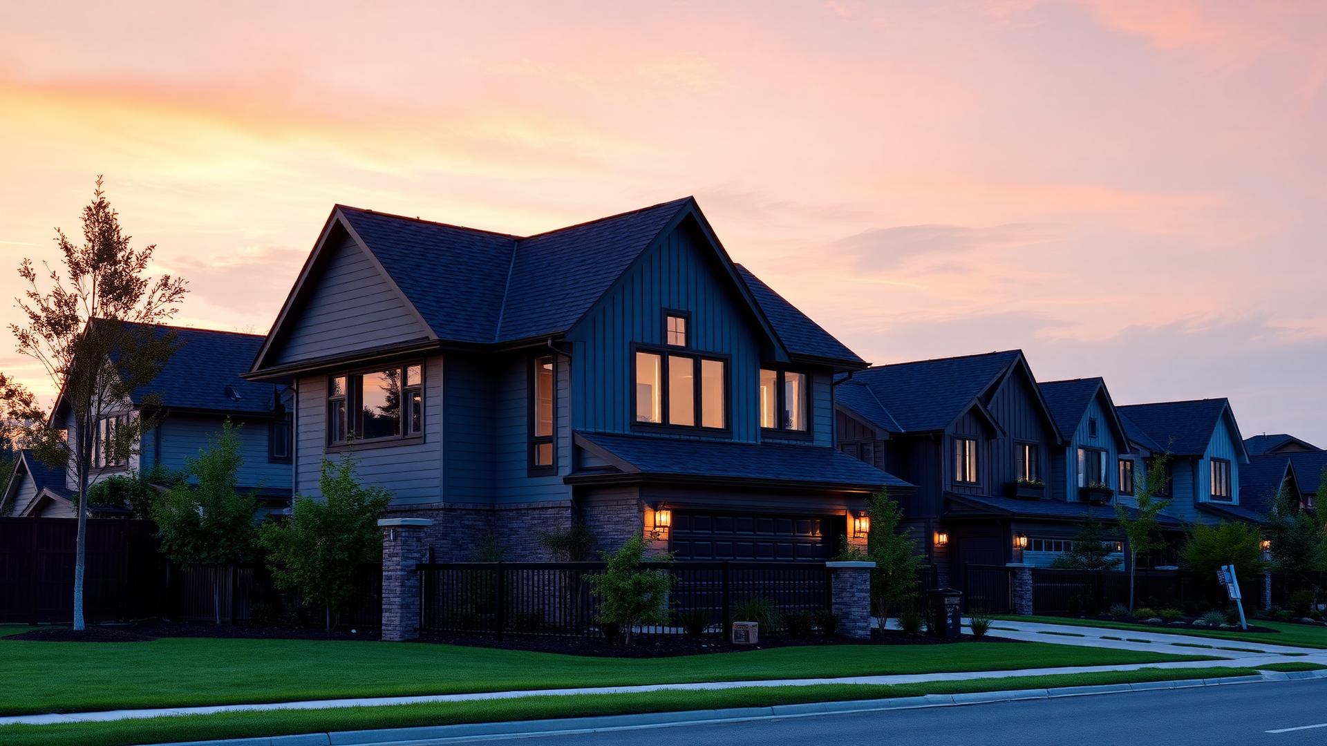 Modern home community at sunset