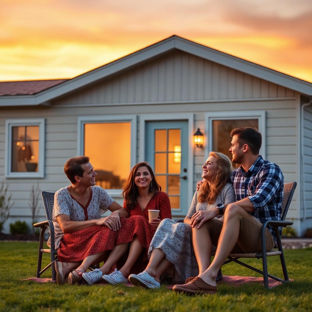 Happy family outside modern home